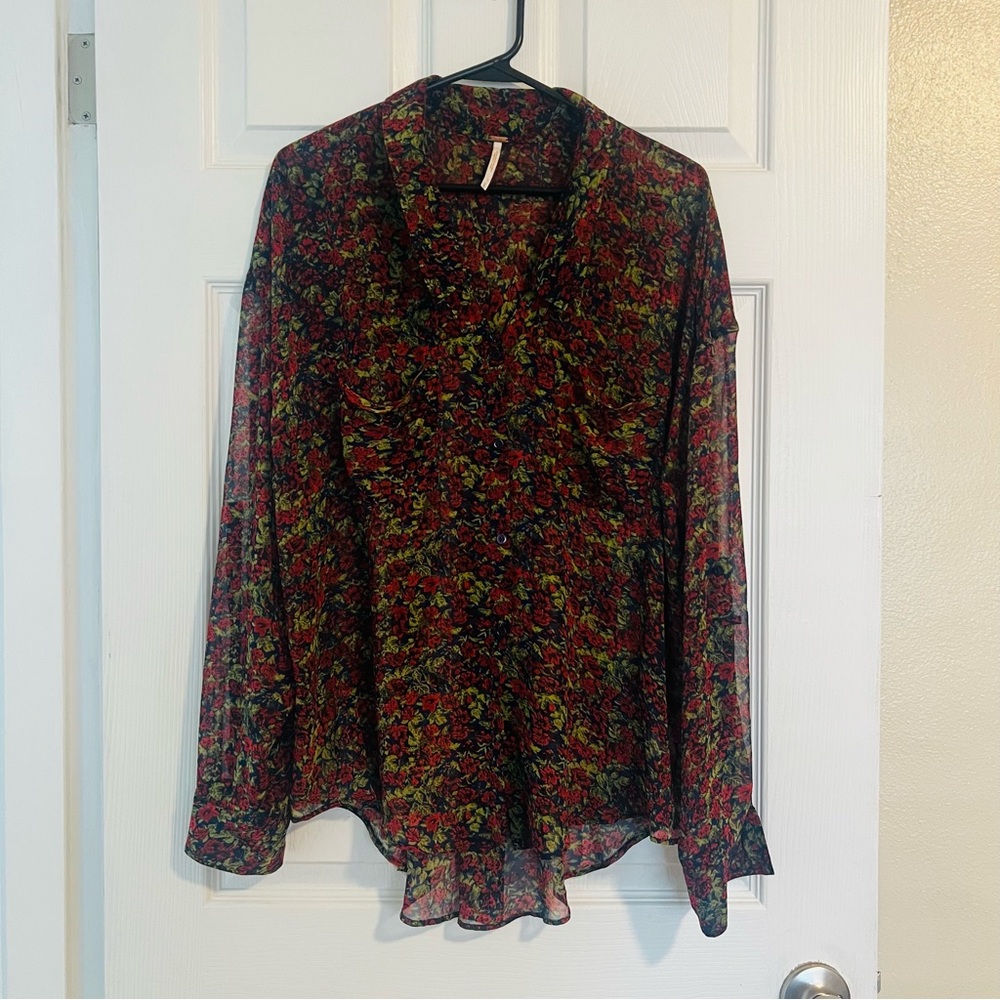 Free People Floral Blouse - Red, Navy, and Green